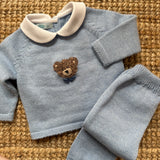 Completo azzurro con colletto tondo e ricamo orsetto Mi Lucero x LA NUVOLA LAB I25070