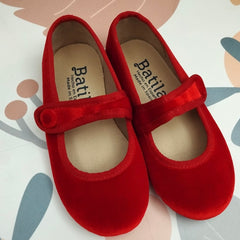 Scarpe ballerine in velluto rosso con bottone 17351