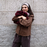 Maglione LAB donna mezza manica vinaccia con ricamo fuxia