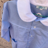 Grembiule LAB vichy bianco e azzurro collo tondo profilato in cotone