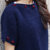 Maglione LAB donna mezza manica blu con ricamo bordeaux