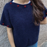 Maglione LAB donna mezza manica blu con ricamo bordeaux