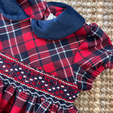 Red and blue tartan newborn dress with smock stitch embroidery FCCI100VERR