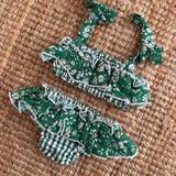 Costume LAB bikini in cotone vichy verde e bianco con rouches fiorellini