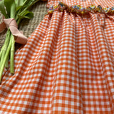 Abito LAB vichy arancio e bianco con frill fiorellini