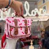 Borsa cartella mini velluto rosa a coste stampa ciliegie con tracolla Naj-Oleari