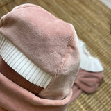 Newborn hat in antique pink chenille with pleated finish