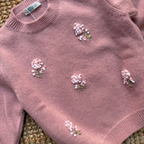 Maglioncino rosa girocollo con fiori ricamati a mano LA NUVOLA LAB