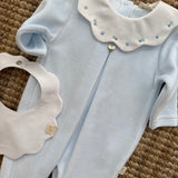 Tutina in ciniglia azzurro collo petalo in piquet ricamato PQ50 BabyGi