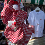 Borsa LAB con cappe vichy rosso e bianco charms cuore stoffa vintage e ciliegie crochet