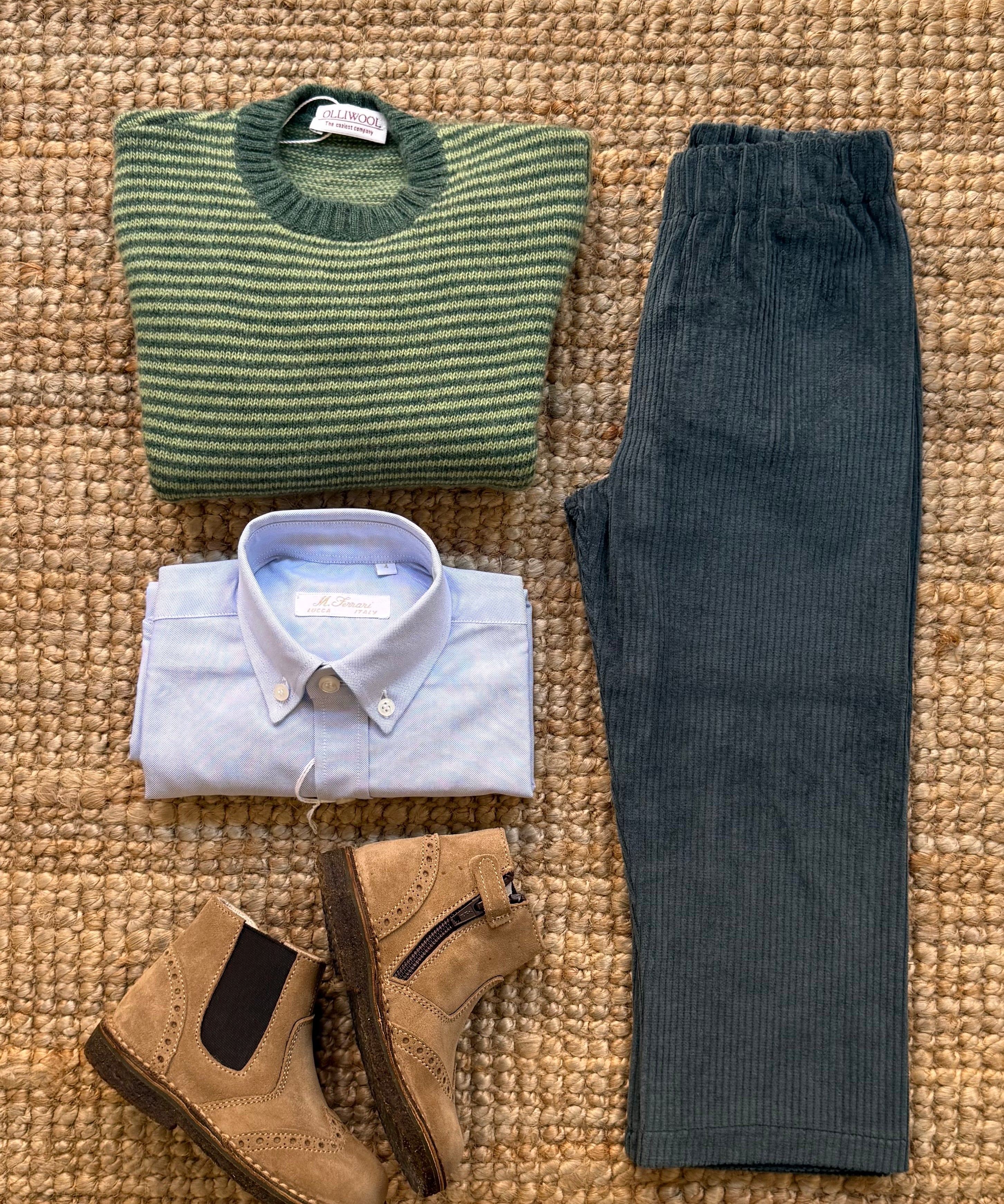 Maglione in lana merinos righe verde chiaro e scuro Olliwool OWR