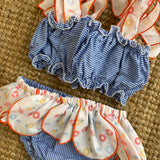 Costume LAB bikini in cotone righina blu con dettagli fantasia mare profilo arancio