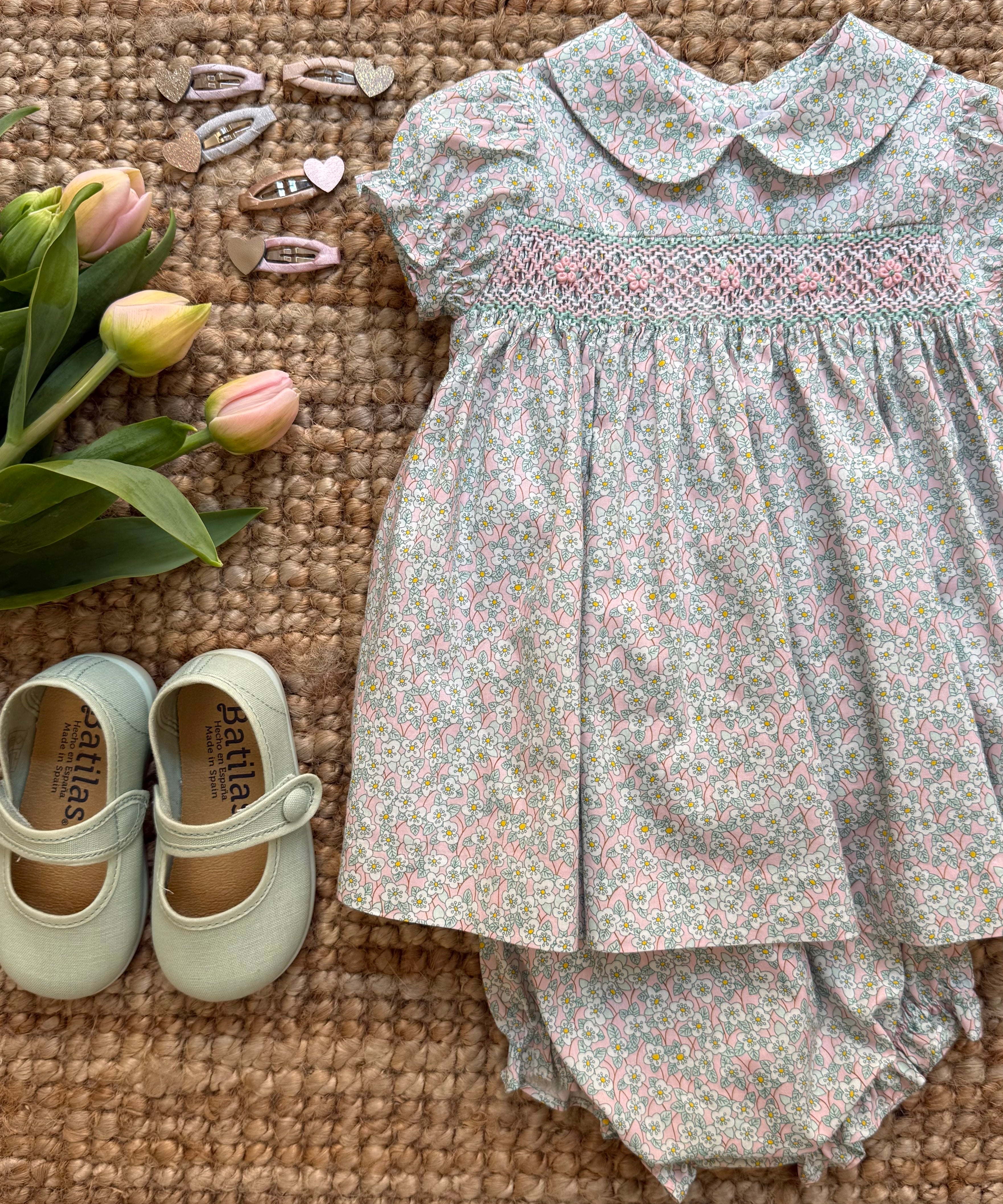 Abito fantasia fiorellini con ricamo smock con bloomers Malvi & Co S26I105VECPR
