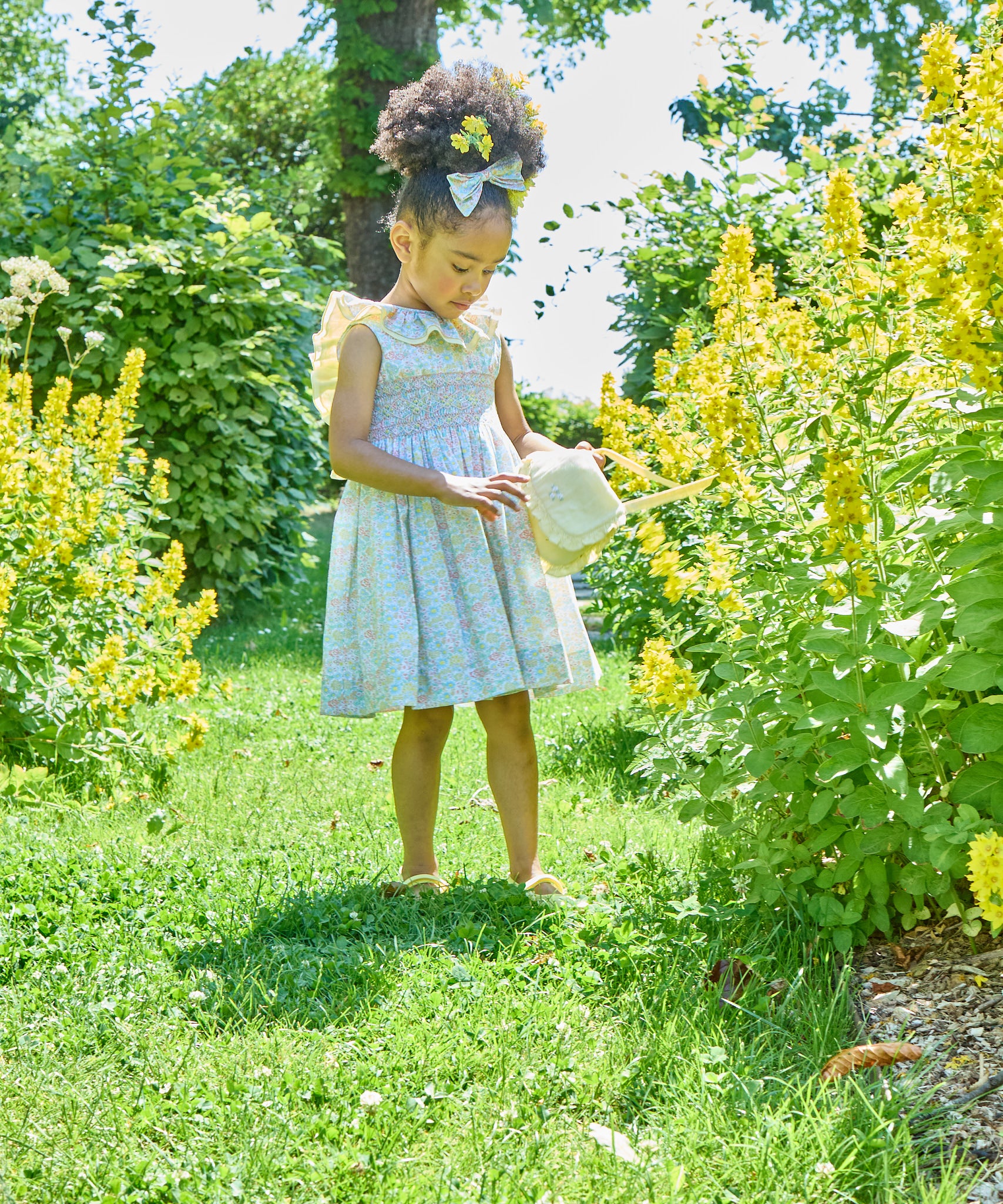Abito ricamo smock fiori giallo Mélina Kidiwi 36141