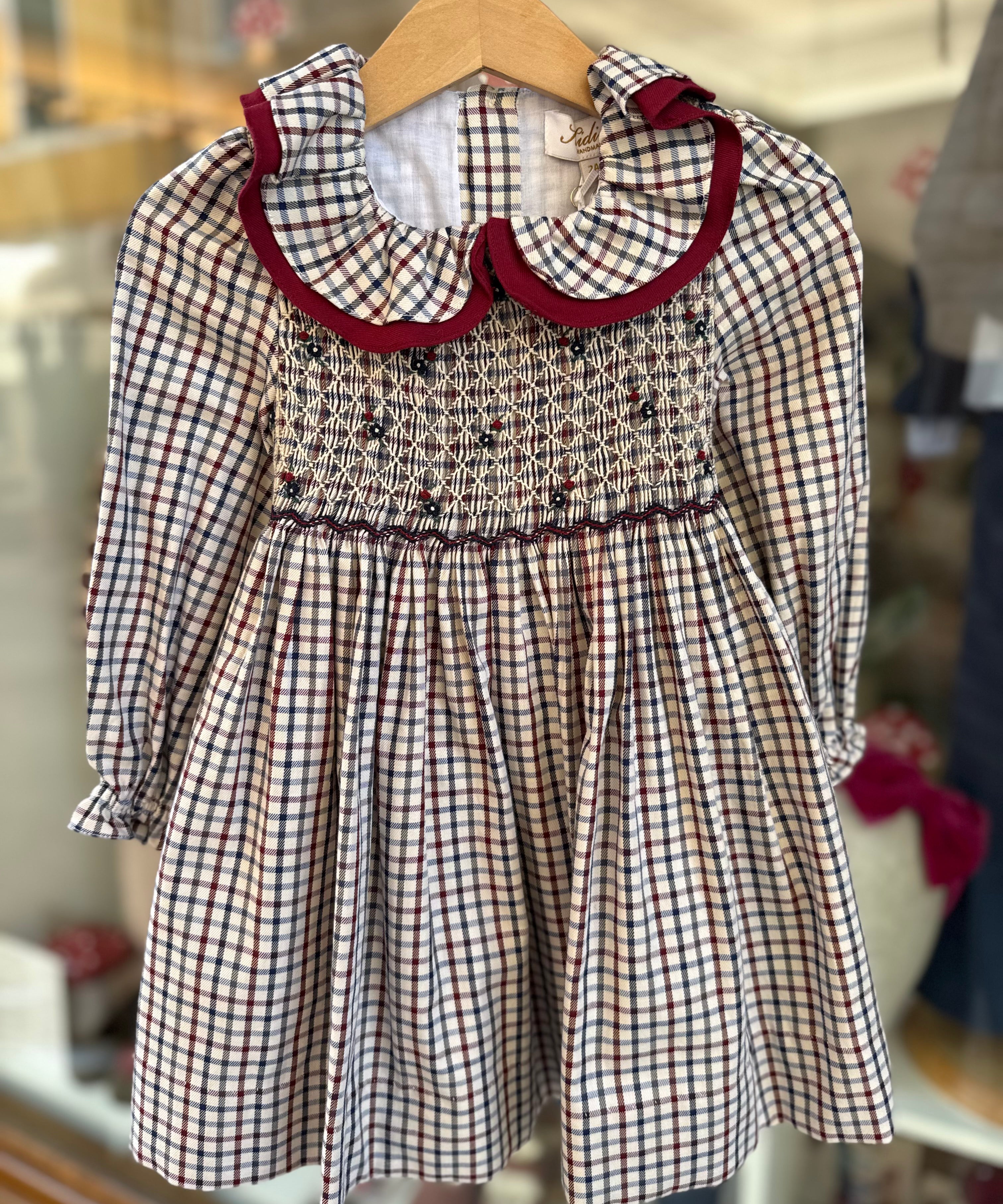 Abito Josephine quadretto burro bordeaux e blu con ricamo smock 37251 Kidiwi