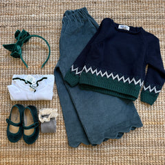 Pantalone palazzo LAB Flora in velluto coste larghe verde bosco con orlo cappe