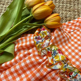 Abito LAB vichy arancio e bianco con frill fiorellini