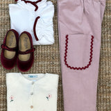 Pantalone Luisa LAB velluto a costine rosa con tasca rifinita da serpentina bordeaux