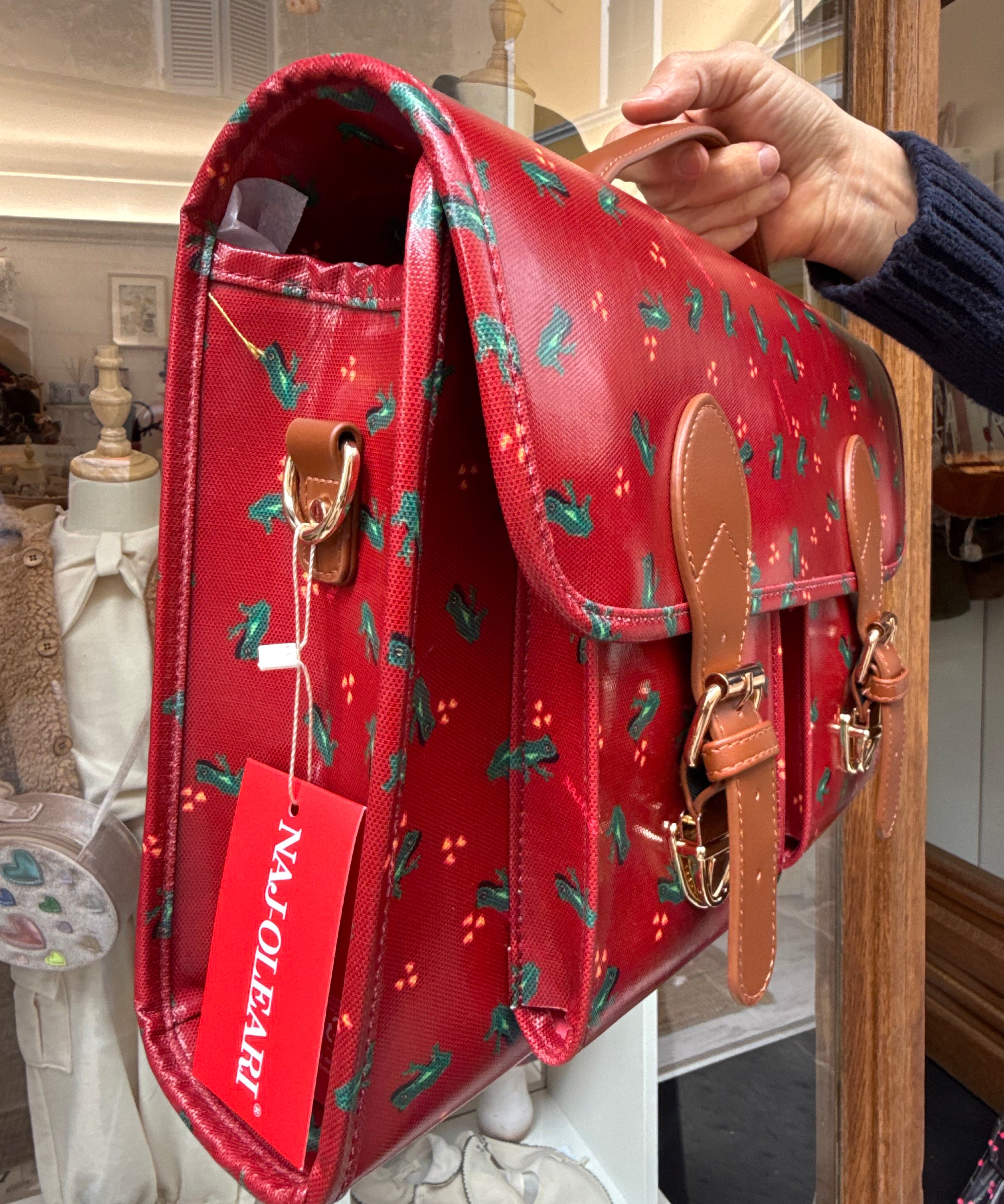Borsa cartella grande con tracolla rosso karanda fantasia rane Naj-Oleari