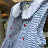 Abito LAB righe azzurro e bianco con ciliegie ricamate a mano