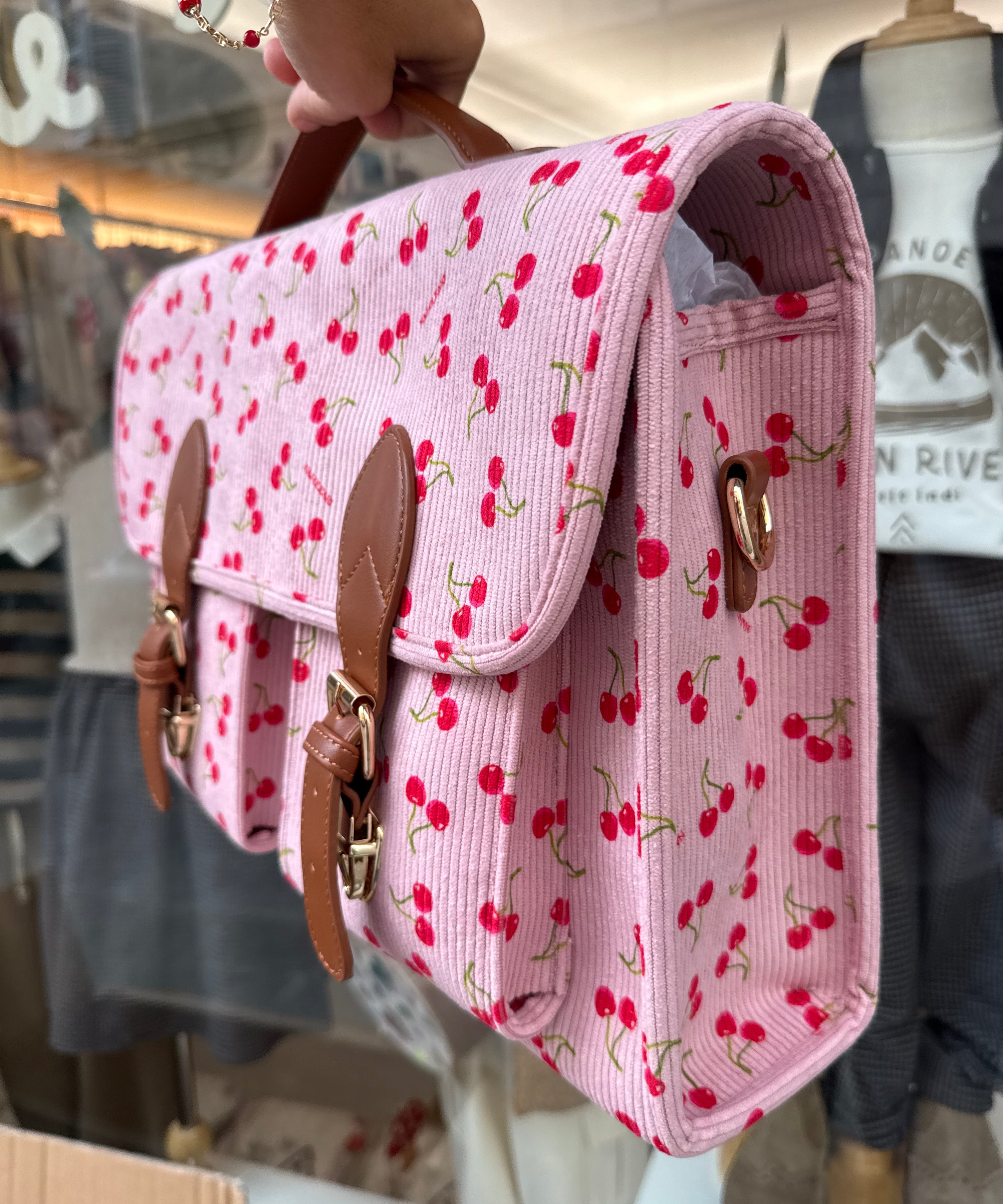 Borsa cartella grande con tracolla velluto rosa a coste stampa ciliegie Naj-Oleari