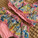 Costume LAB bikini in cotone vichy rosa e bianco con rouches fiorellini
