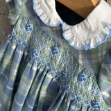 Abito tartan cielo/salvia con ricamo punto smock Malvi F25I018VERS