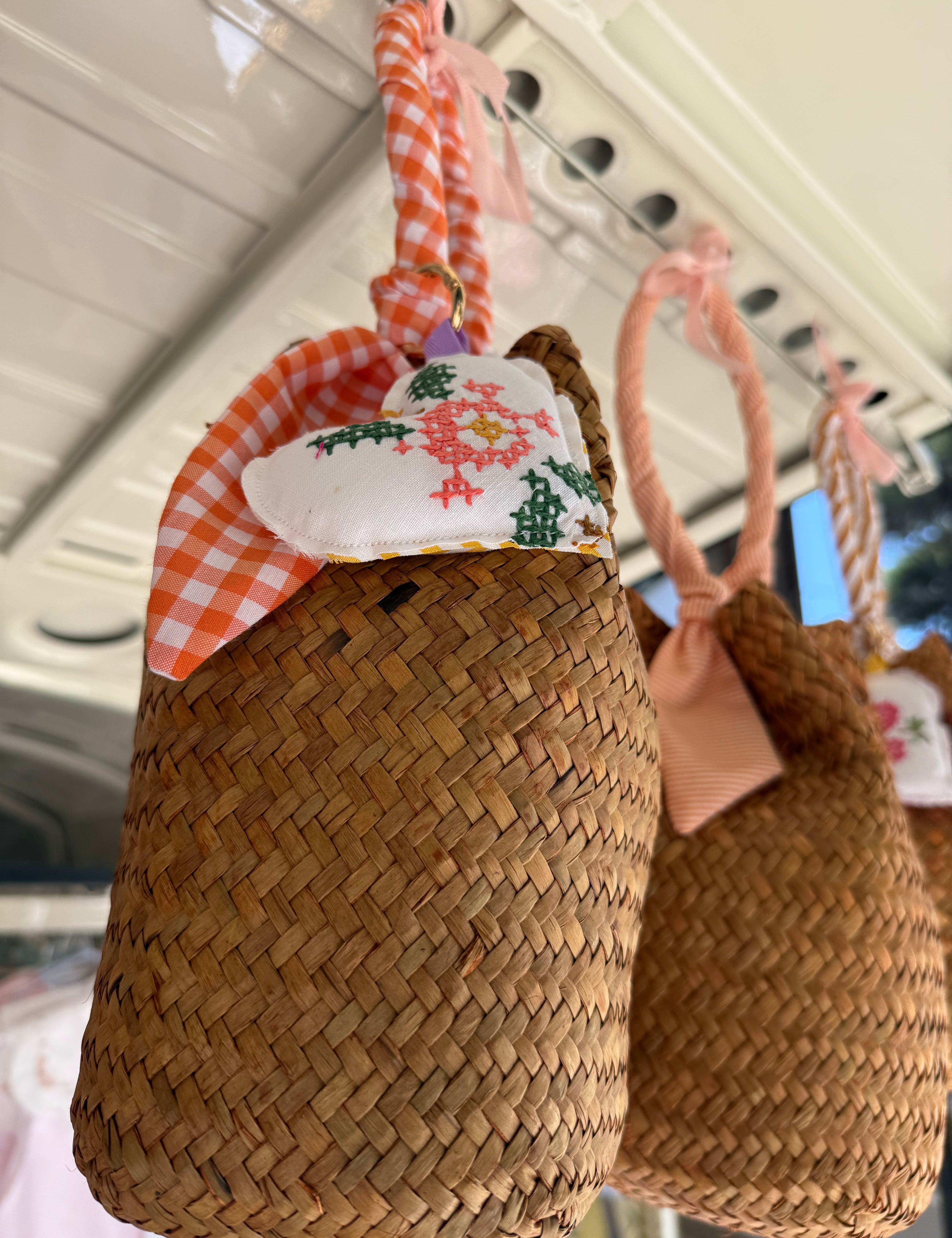 Borsa LAB paglia manico fantasia con cuore imbottito stoffa vintage