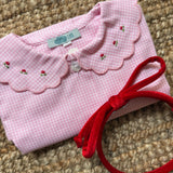 Camicetta LAB Clizia colletto ricamato funghetti quadretto vichy rosa e bianco con colletto petalo a manica lunga