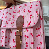 Borsa cartella grande con tracolla velluto rosa a coste stampa ciliegie Naj-Oleari