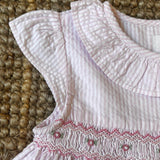 Abito mezza manica collo frill punto smock righine goffrate bianco e rosa SCCI163VERR