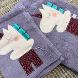 Set biancheria coppia asciugamani viola UNICORNO - Tessuti e Vissuti capsule x LANUVOLALAB