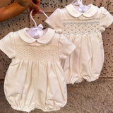Pagliaccetto battesimale newborn in flanella burro ricamo punto smock F25I134TUNN