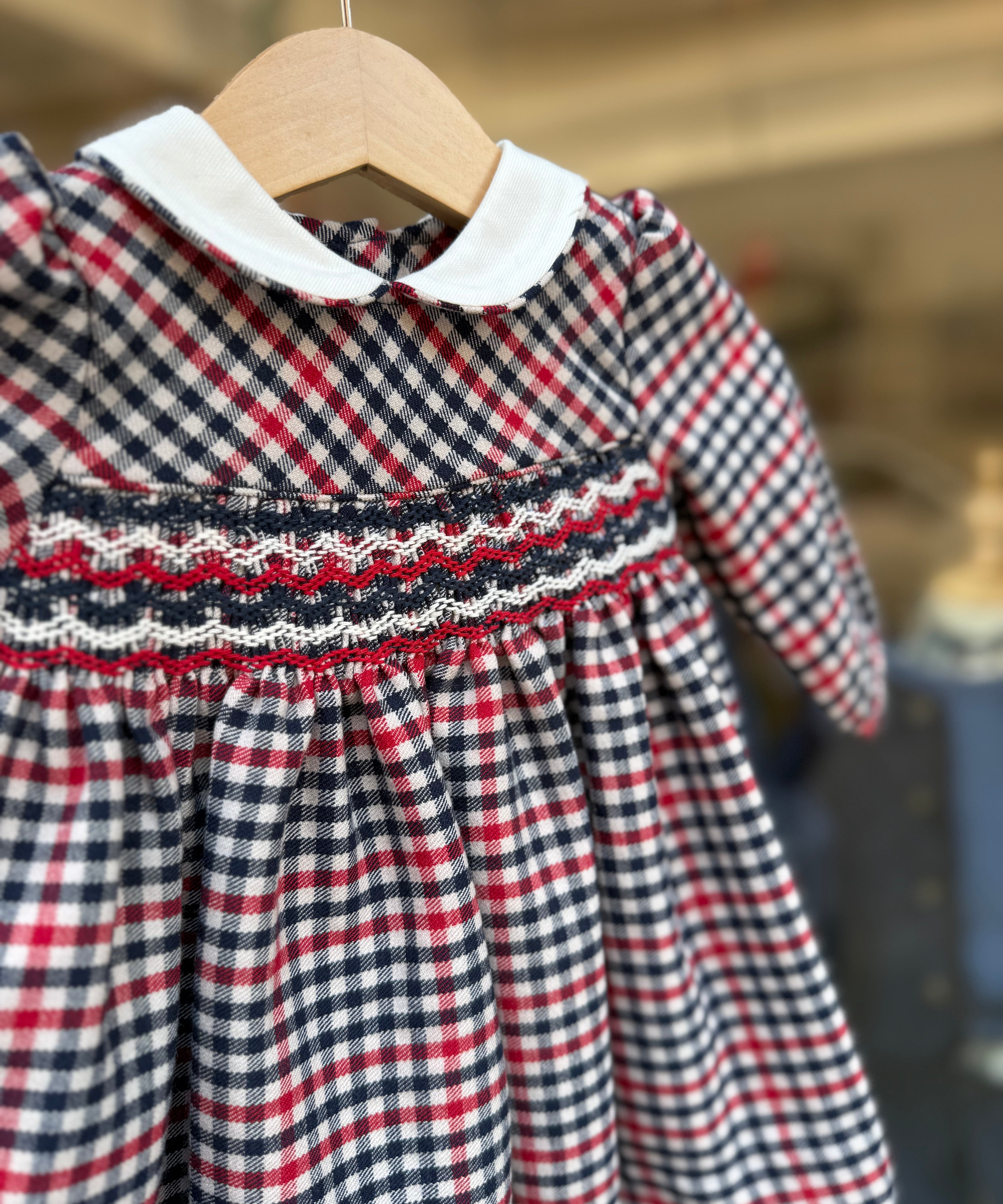 Abito quadretto blu bianco e rosso ricamo smock Malvi F26I105VELNC