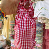 Costume LAB I09 intero in cotone vichy rosso e bianco con fiocchi