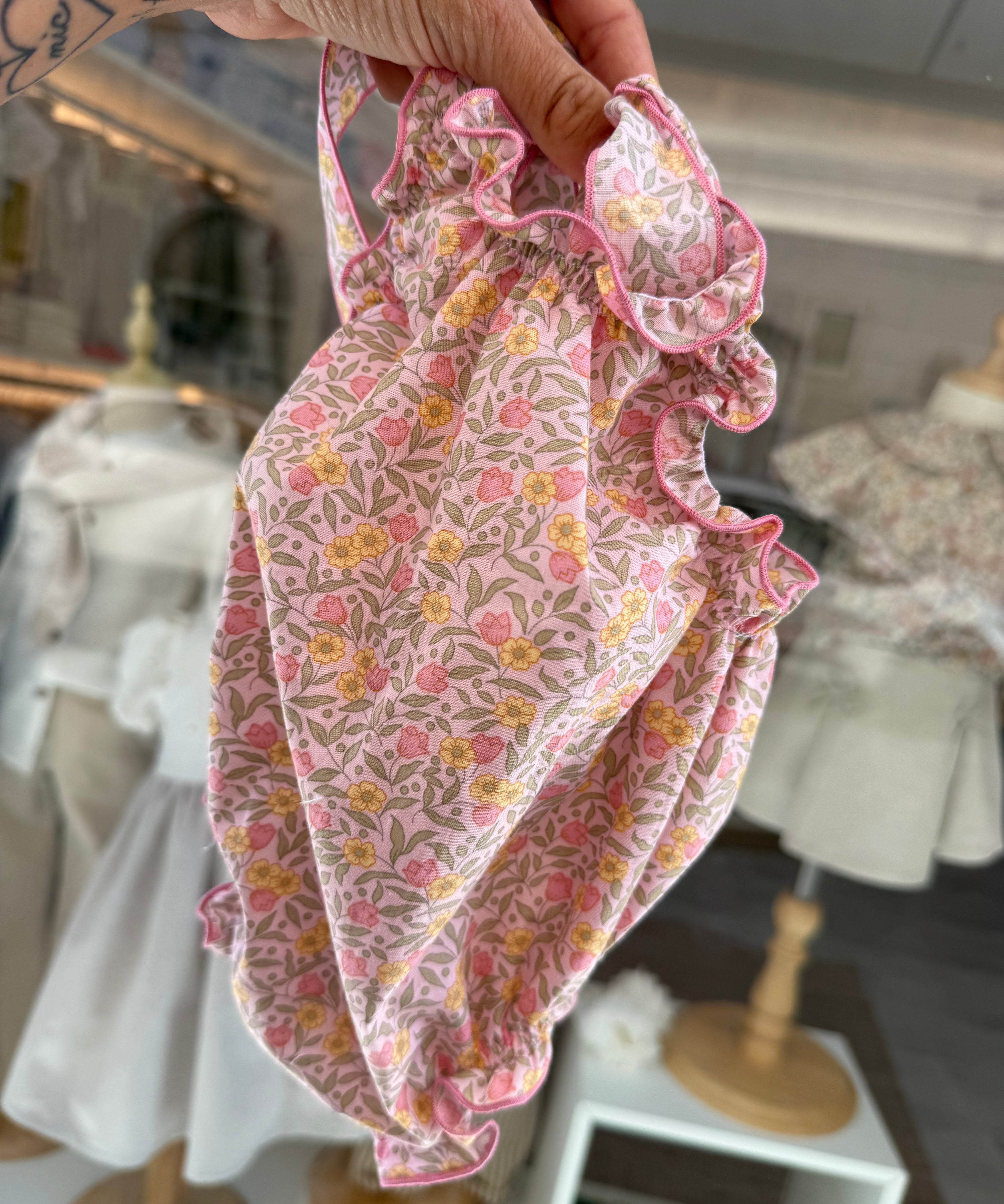 Costume LAB I06 intero in cotone fiorellini rosa con fiocchi