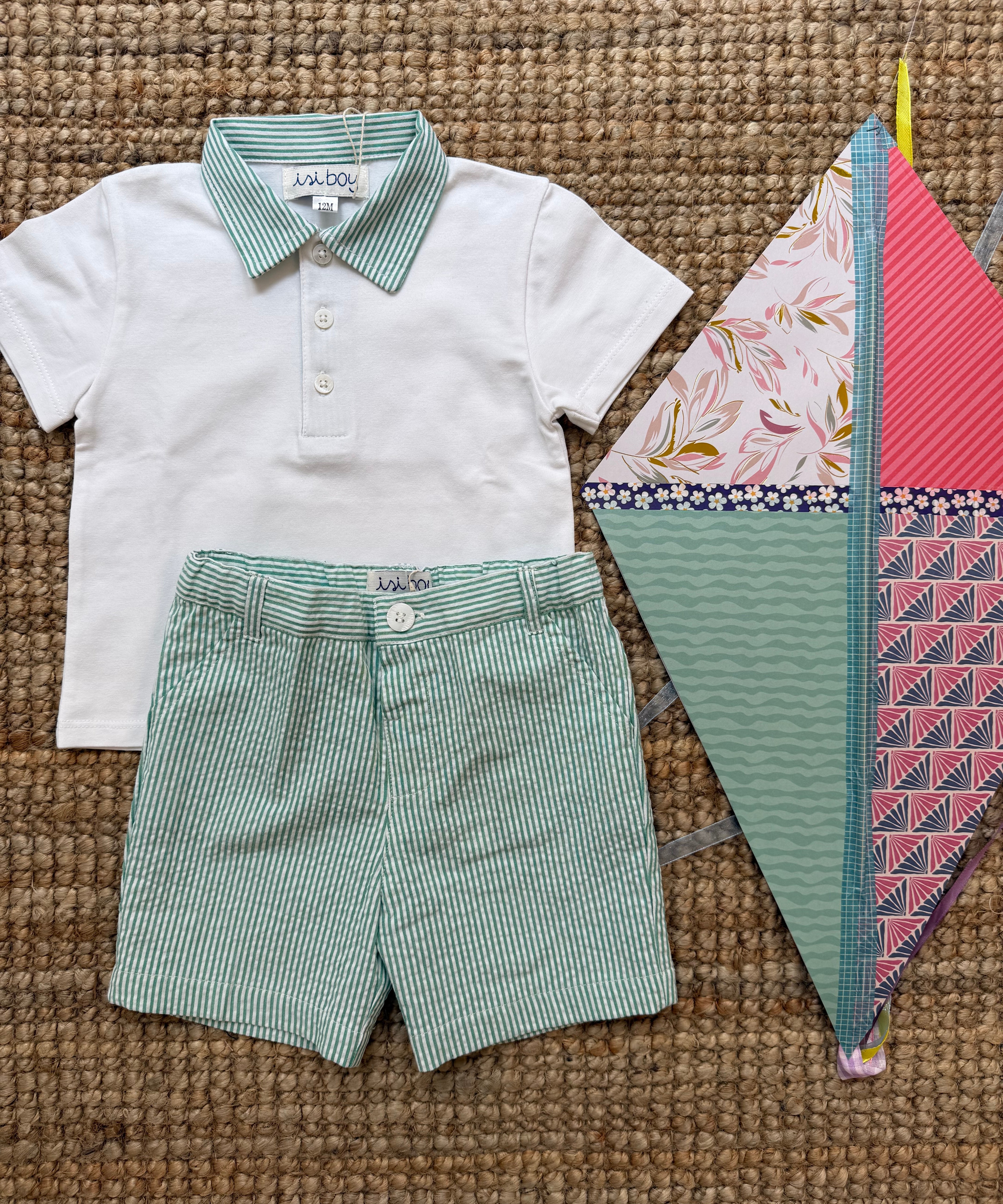 Completo polo in jersey bermuda righe goffrate bianco e verde Malvi & Co S26B204CAJJ S26B210PNRR