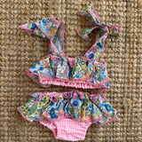 Costume LAB bikini in cotone vichy rosa e bianco con rouches fiorellini