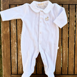 Tutina in ciniglia bianco con profilo e cavallino a dondolo ricamato azzurro RH53B
