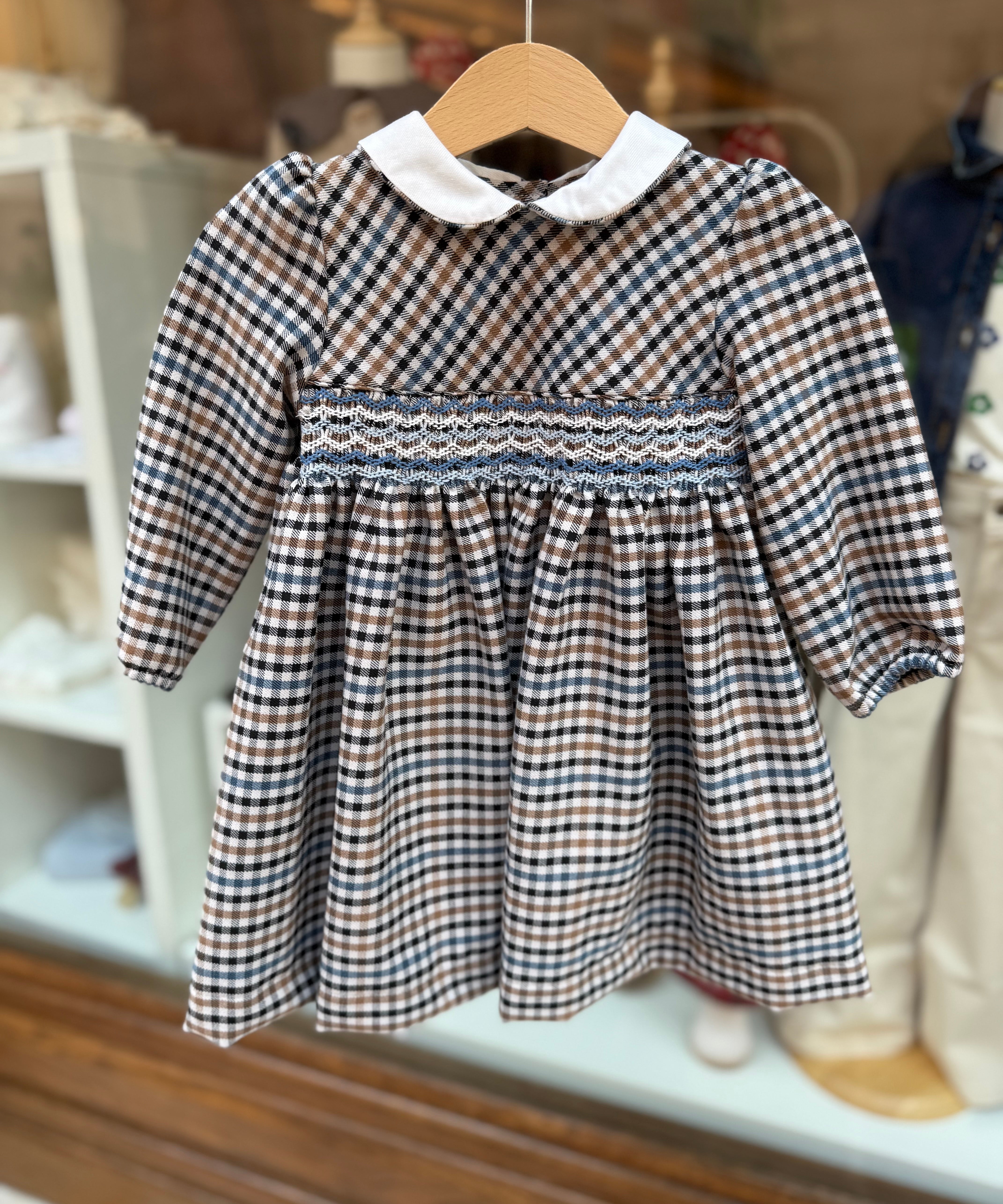 Abito quadretto burro marrone e blu ricamo smock Malvi F26I105VELNC