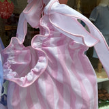 Costume LAB intero in cotone righe rosa e bianco con fiocchi