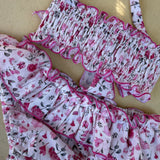 Costume LAB B05 bikini in cotone fiorellini rosa con rouches