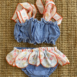 Costume LAB bikini in cotone righina blu con dettagli fantasia mare profilo arancio