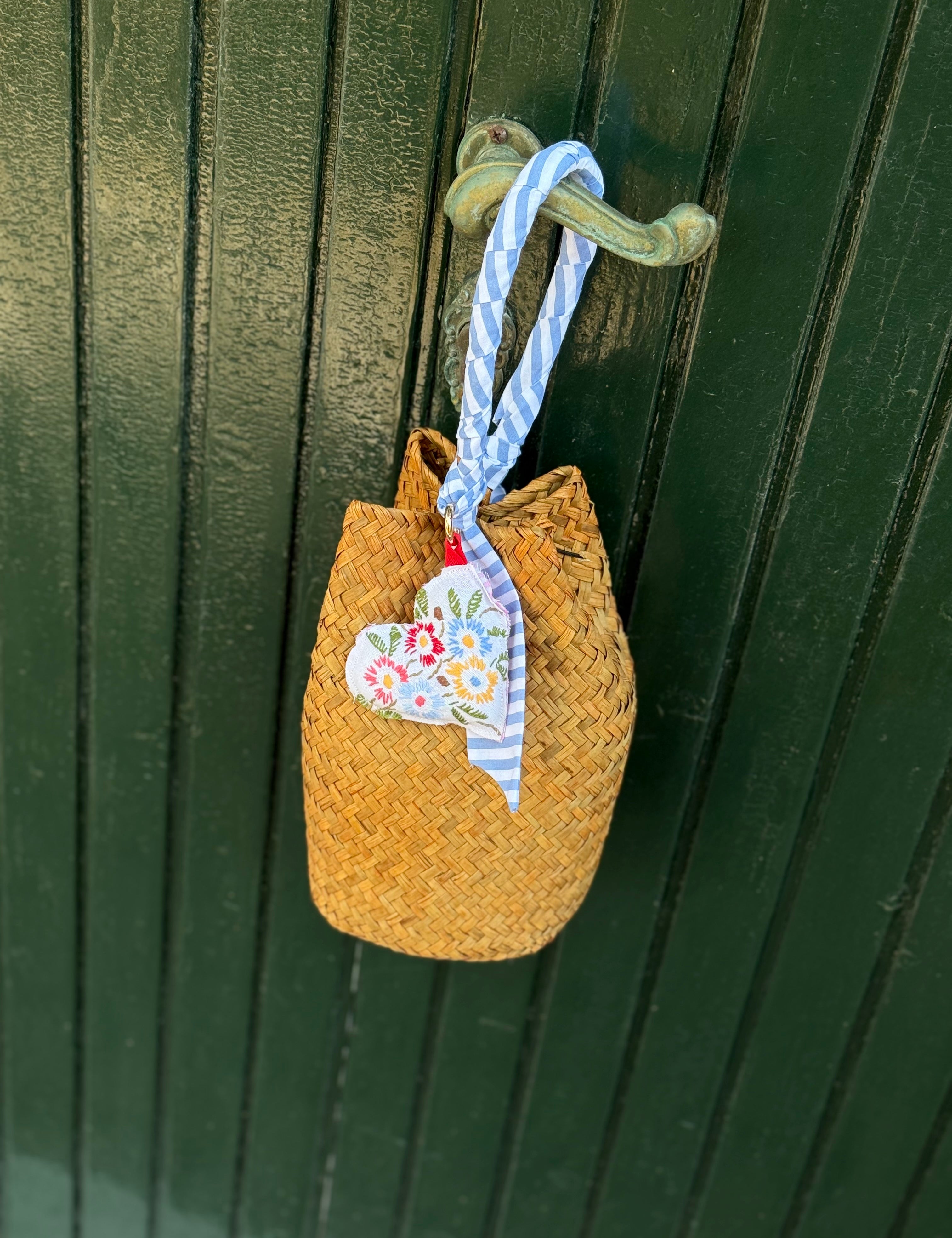Borsa LAB paglia manico fantasia con cuore imbottito stoffa vintage