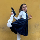 Abito velluto blu girocollo con ricamo punto smock Malvi FCC038VEVV