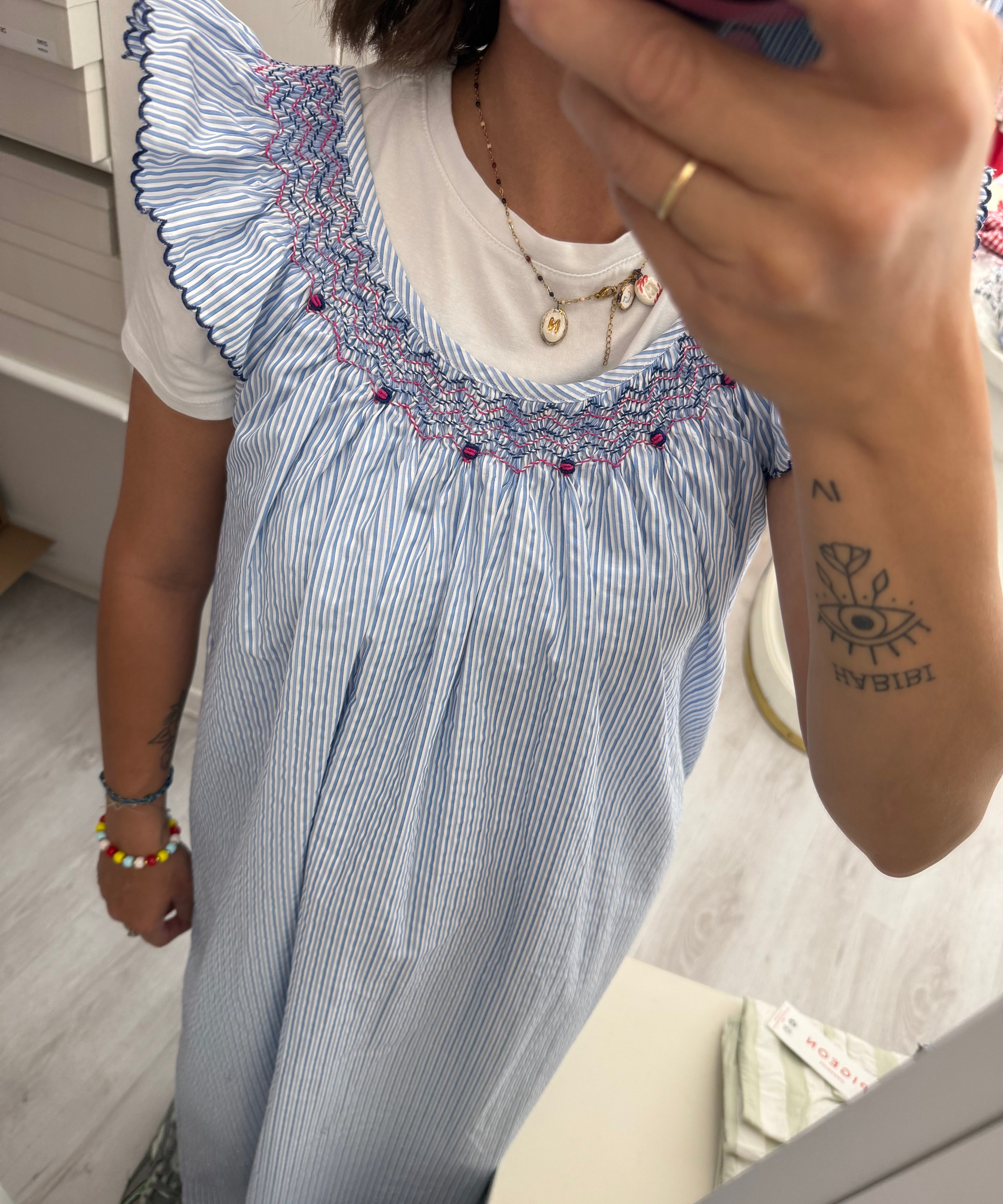 Abito LAB donna righe punto smock con ricamo