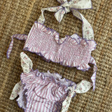 Costume LAB bikini in cotone righe rosa e bianco con dettagli fiorellini
