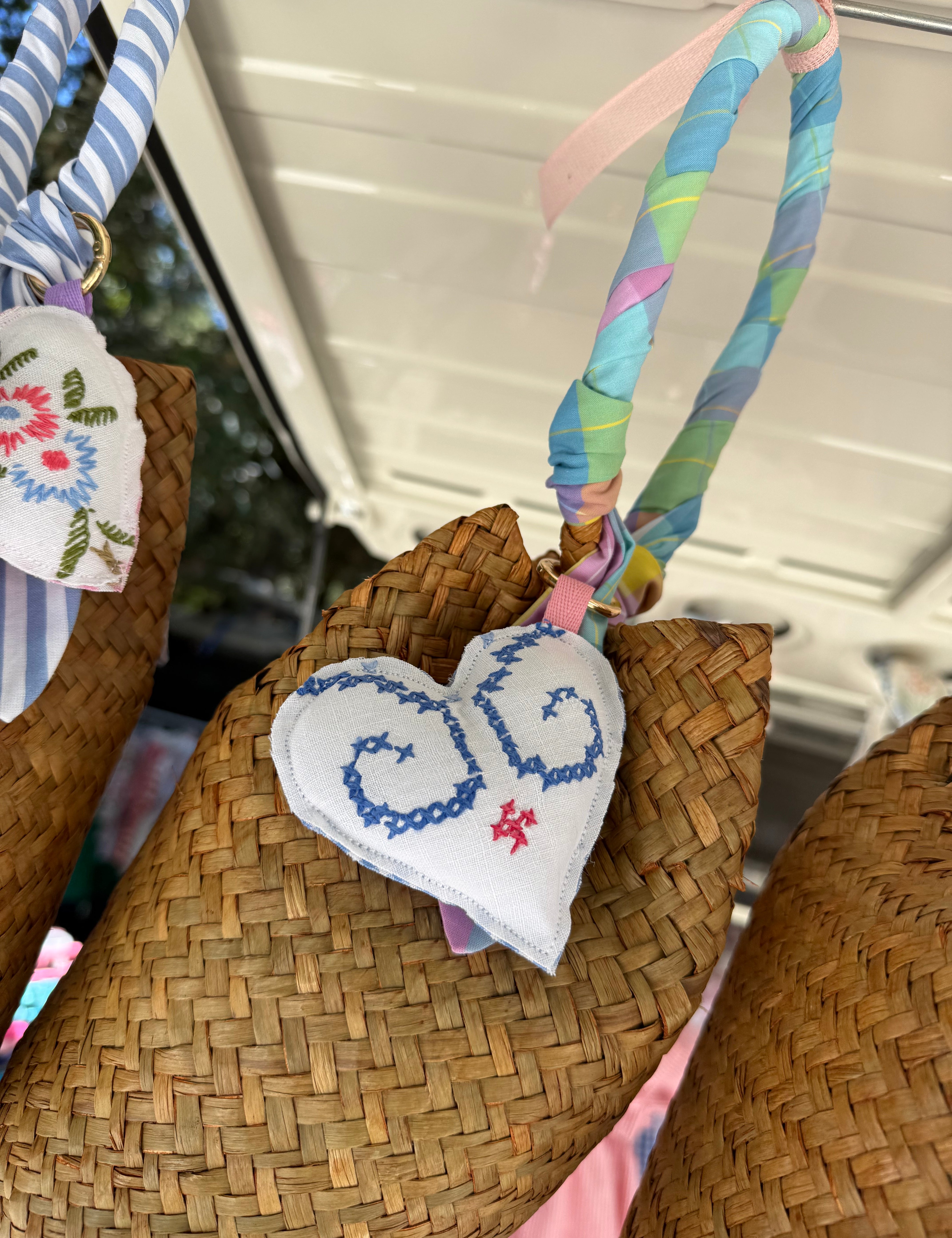 Borsa LAB paglia manico fantasia con cuore imbottito stoffa vintage