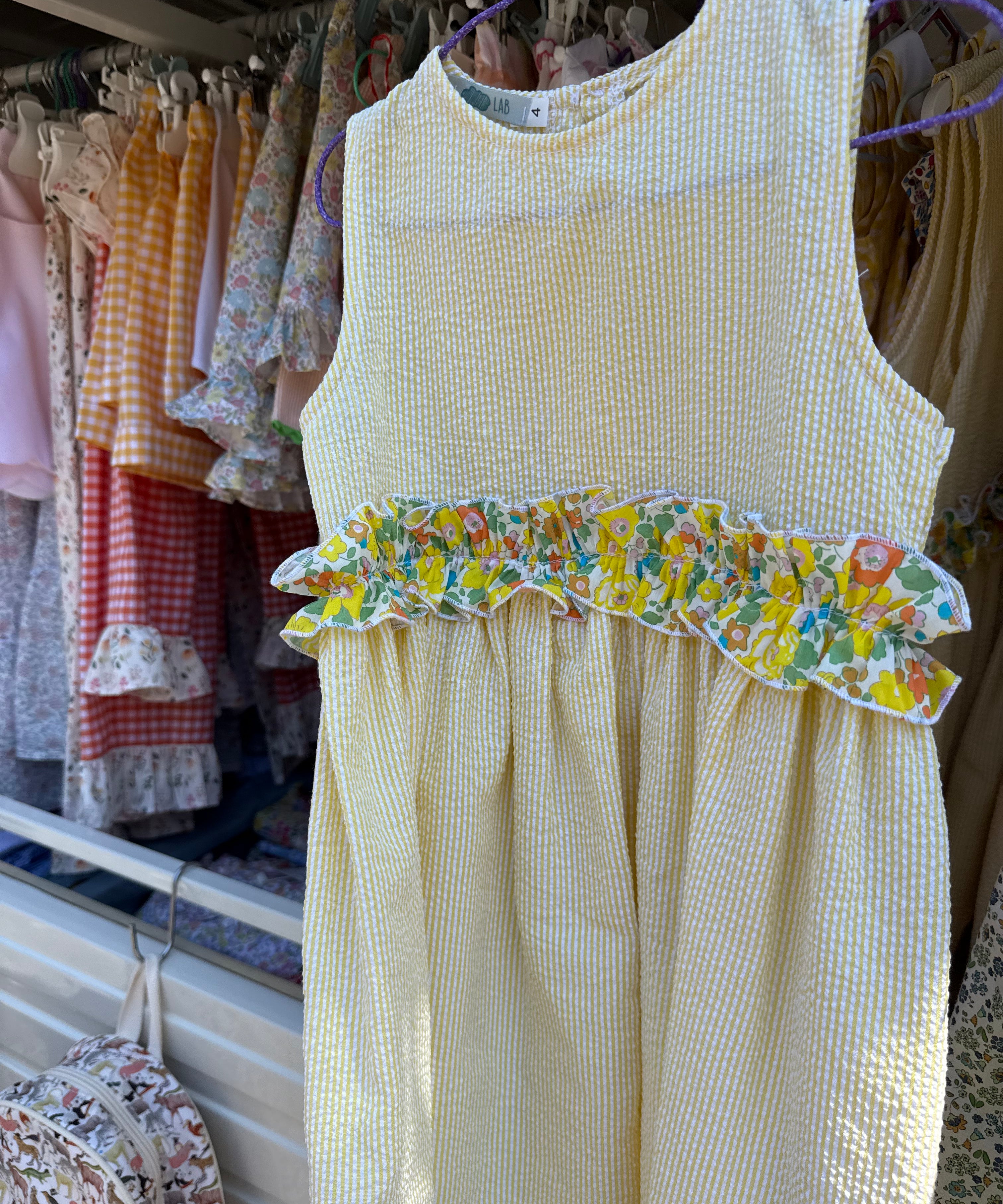 Abito LAB righina giallo e bianco con frill fiorellini
