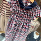Abito quadretto blu bianco e rosso ricamo smock Malvi F26M012VENC